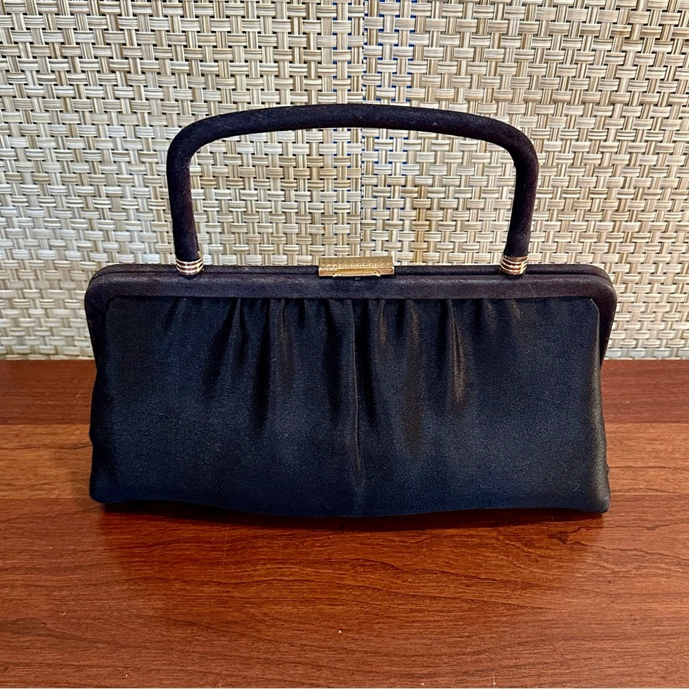 VTG 1960s Black Satin Top Handle Evening Bag by Ande'